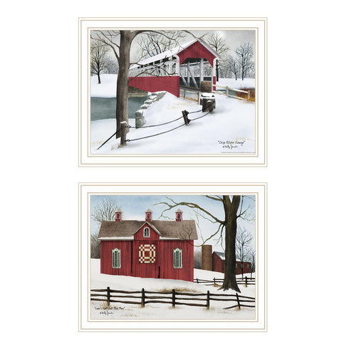 Set Of Two Lovers Knot Quilt Barn And Covered Bridge White Framed Wall Art