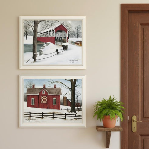 Set Of Two Lovers Knot Quilt Barn And Covered Bridge White Framed Wall Art