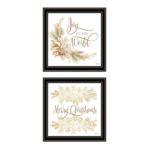 Set Of Two Golden Merry Christmas Black Framed Wall Art