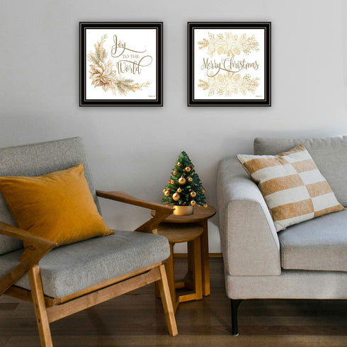 Set Of Two Golden Merry Christmas Black Framed Wall Art
