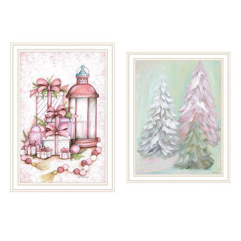 Set Of Two Pink Candy Land Christmas Trees White Framed Wall Art