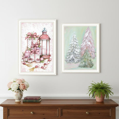 Set Of Two Pink Candy Land Christmas Trees White Framed Wall Art