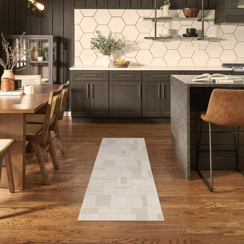 6' Beige And Ivory Geometric Runner Rug