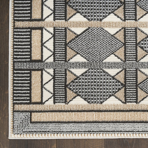 6' Ivory Tan And Black Geometric Runner Rug