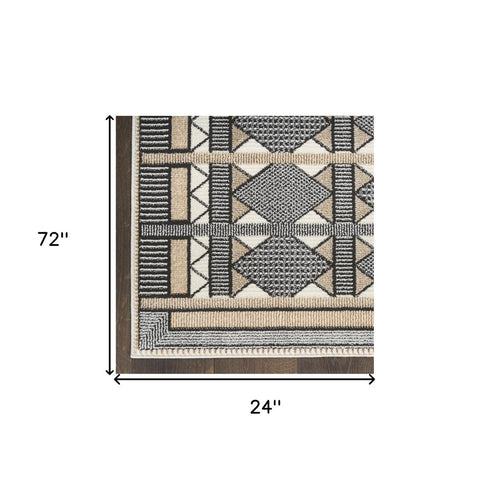 6' Ivory Tan And Black Geometric Runner Rug