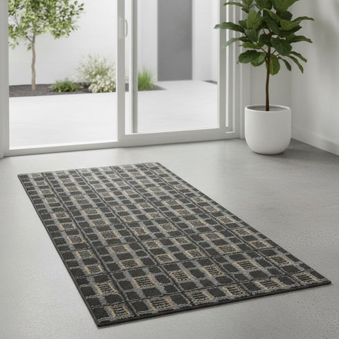 6' Gray Black And Taupe Geometric Runner Rug