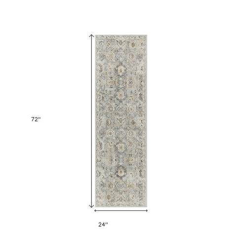 6' Green Floral Worn Faded Runner Rug