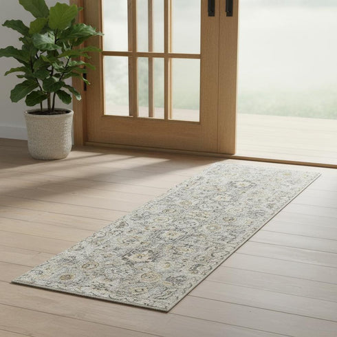 6' Green Floral Worn Faded Runner Rug
