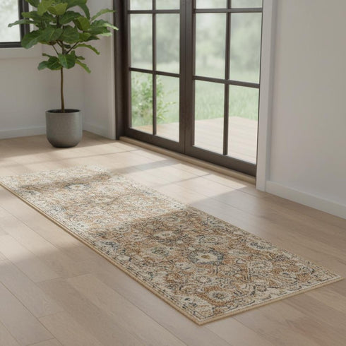 6' Red Floral Worn Faded Runner Rug