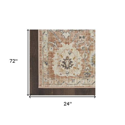6' Red Floral Worn Faded Runner Rug