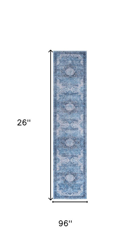 8' Blue Floral Power Loom Worn Faded Non Skid Runner Rug