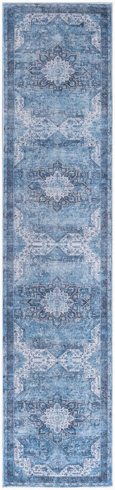 8' Blue Floral Power Loom Worn Faded Non Skid Runner Rug