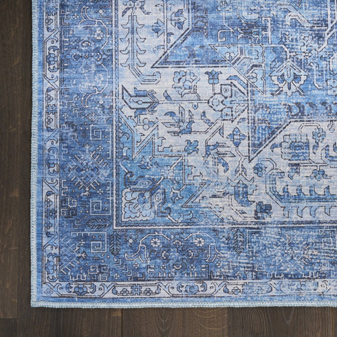 8' Blue Floral Power Loom Worn Faded Non Skid Runner Rug