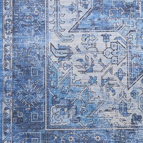 8' Blue Floral Power Loom Worn Faded Non Skid Runner Rug