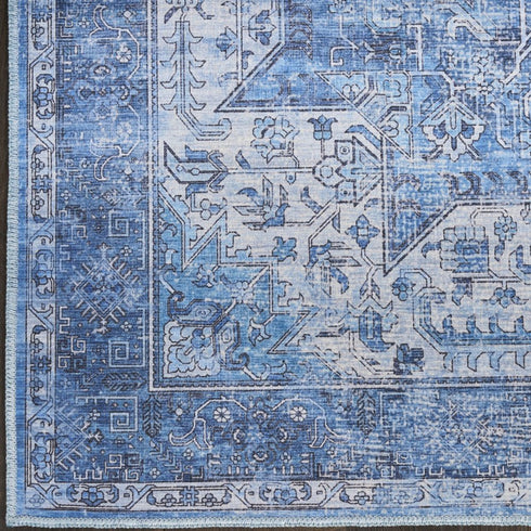 8' Blue Floral Power Loom Worn Faded Non Skid Runner Rug
