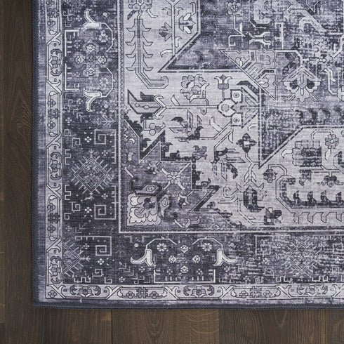8' Gray Floral Power Loom Worn Faded Non Skid Runner Rug