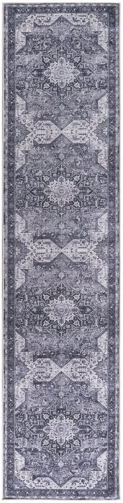 8' Gray Floral Power Loom Worn Faded Non Skid Runner Rug