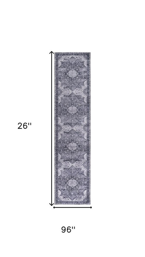 8' Gray Floral Power Loom Worn Faded Non Skid Runner Rug