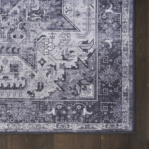 8' Gray Floral Power Loom Worn Faded Non Skid Runner Rug