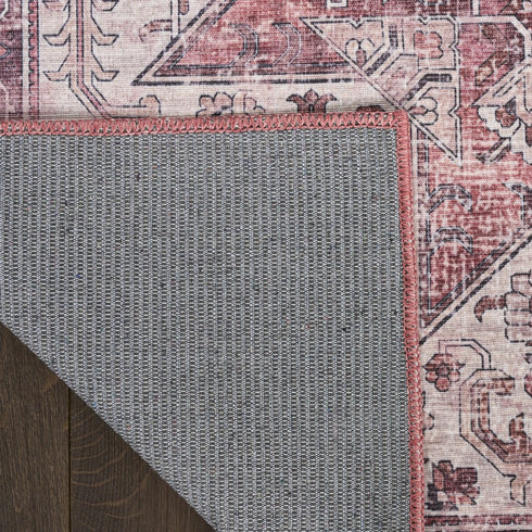 8' Red Floral Power Loom Worn Faded Non Skid Runner Rug