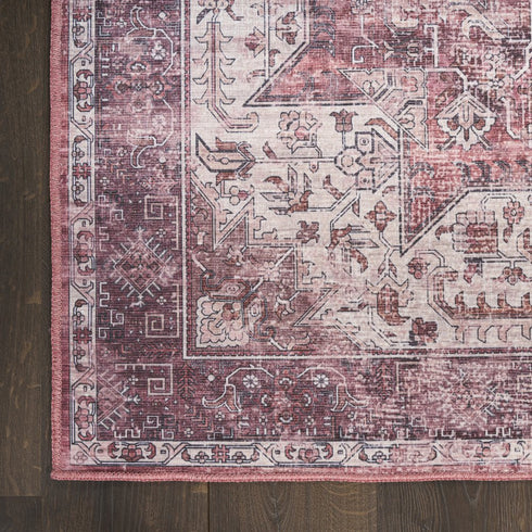 8' Red Floral Power Loom Worn Faded Non Skid Runner Rug