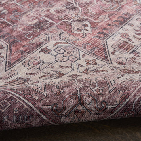 8' Red Floral Power Loom Worn Faded Non Skid Runner Rug