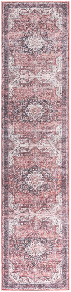 8' Red Floral Power Loom Worn Faded Non Skid Runner Rug