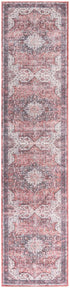 8' Red Floral Power Loom Worn Faded Non Skid Runner Rug