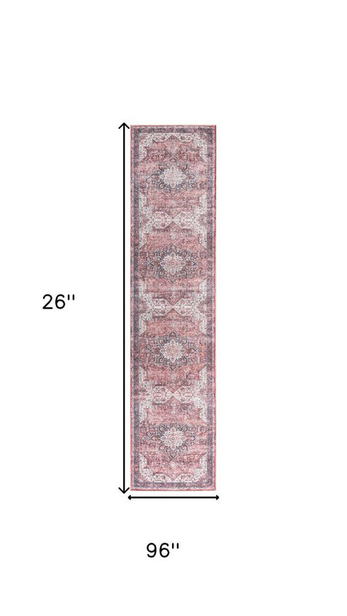 8' Red Floral Power Loom Worn Faded Non Skid Runner Rug