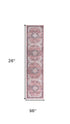 8' Red Floral Power Loom Worn Faded Non Skid Runner Rug