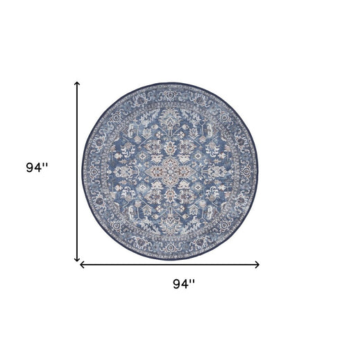 8' Blue Floral Power Loom Worn Faded Round Rug