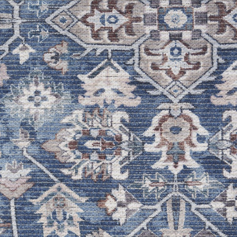 8' Blue Floral Power Loom Worn Faded Round Rug