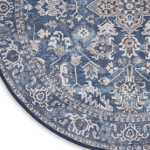 8' Blue Floral Power Loom Worn Faded Round Rug