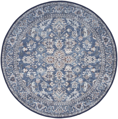 8' Blue Floral Power Loom Worn Faded Round Rug