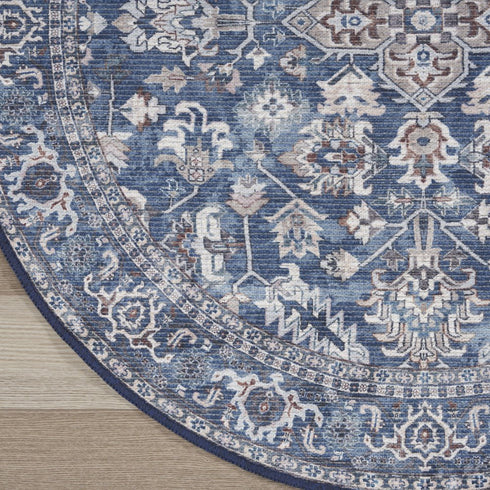 8' Blue Floral Power Loom Worn Faded Round Rug