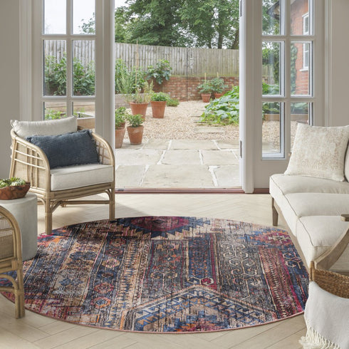 8' Red Geometric Power Loom Worn Faded Round Rug