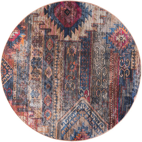 8' Red Geometric Power Loom Worn Faded Round Rug