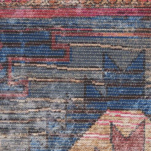 8' Red Geometric Power Loom Worn Faded Round Rug