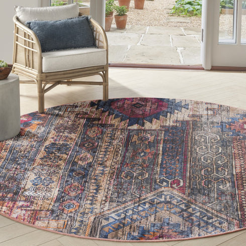 8' Red Geometric Power Loom Worn Faded Round Rug