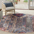 8' Red Geometric Power Loom Worn Faded Round Rug