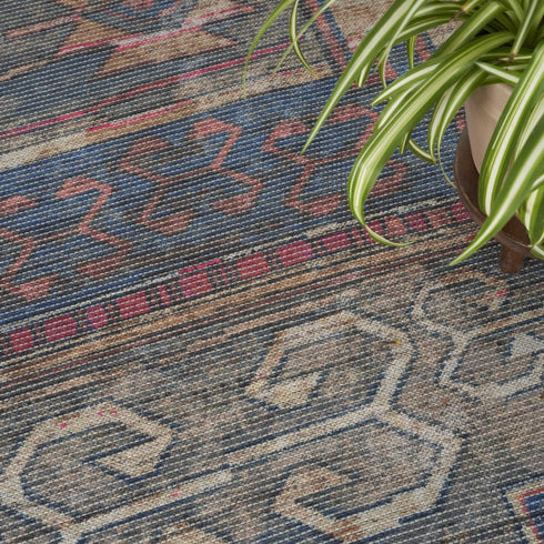 8' Red Geometric Power Loom Worn Faded Round Rug