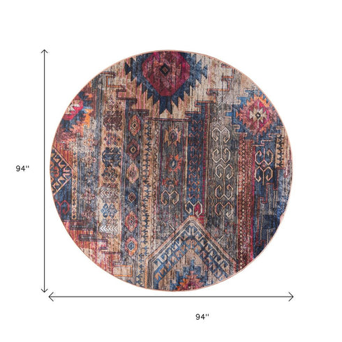 8' Red Geometric Power Loom Worn Faded Round Rug