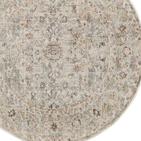 8' Light Gray Black And Yellow Floral Distressed Round Rug