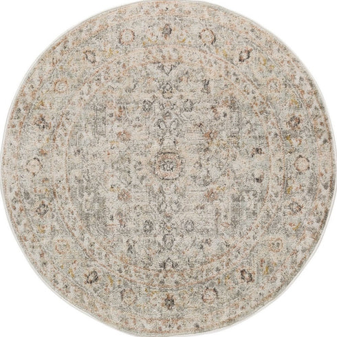 8' Light Gray Black And Yellow Floral Distressed Round Rug