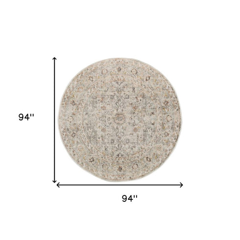 8' Light Gray Black And Yellow Floral Distressed Round Rug