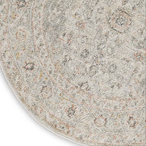 8' Light Gray Black And Yellow Floral Distressed Round Rug