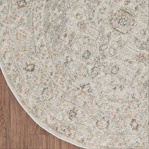 8' Light Gray Black And Yellow Floral Distressed Round Rug