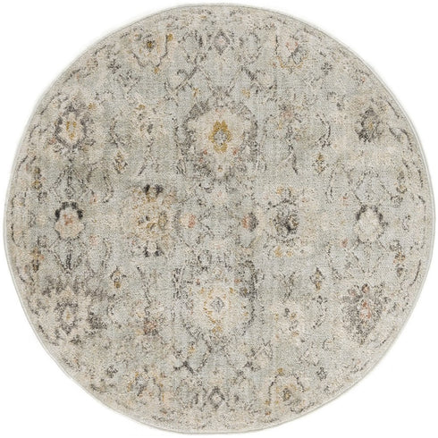 8' Black Mint Green And Ivory Floral Distressed Round Rug