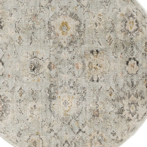 8' Black Mint Green And Ivory Floral Distressed Round Rug
