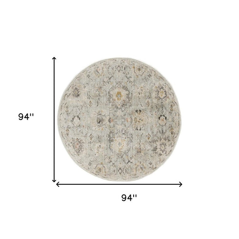 8' Black Mint Green And Ivory Floral Distressed Round Rug